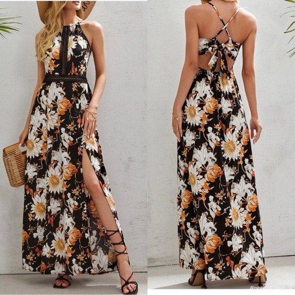 Dresses & Skirts - Boho Floral Print Criss Cross Lace Maxi Crochet Dress Cottagecore